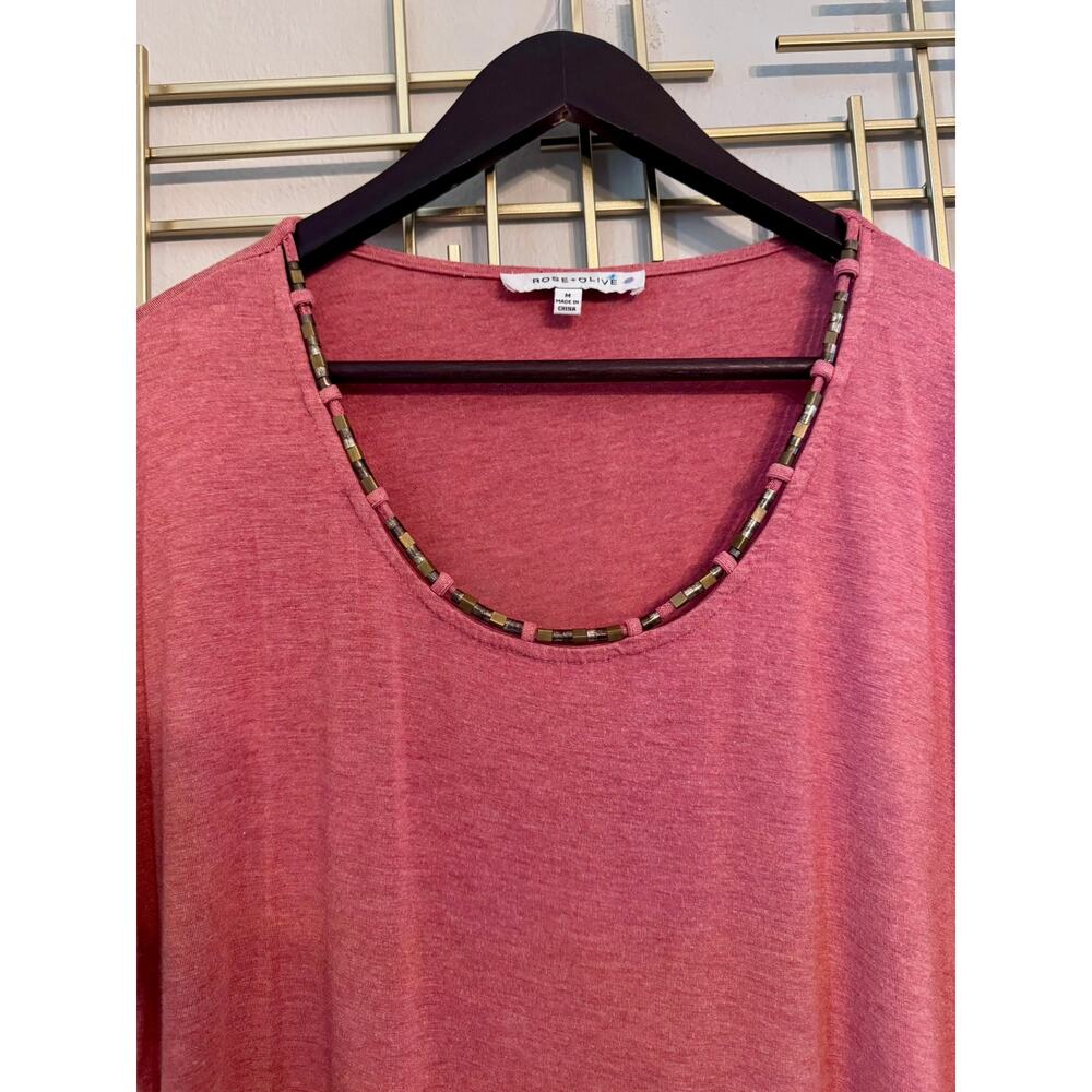Rose + Olive Pink Beaded Neckline Tunic Top Size Medium